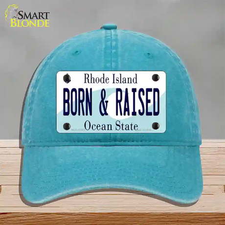 Born and Raised Rhode Island State Novelty License Plate Hat Unconstructed Cotton / Lake Blue