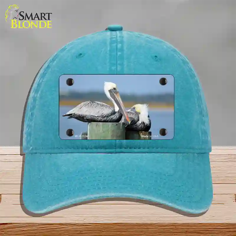 Pelican Two On Pier Novelty License Plate Hat Unconstructed Cotton / Lake Blue