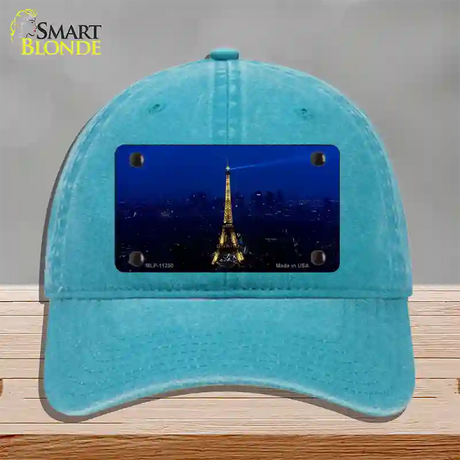 Eiffel Tower Night With City Skyline Novelty License Plate Hat Unconstructed Cotton / Lake Blue