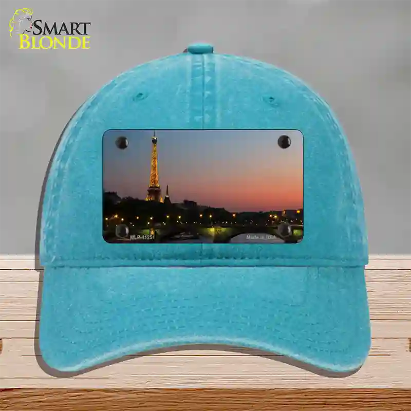 Eiffel Tower Night With River and Bridge Novelty License Plate Hat Unconstructed Cotton / Lake Blue