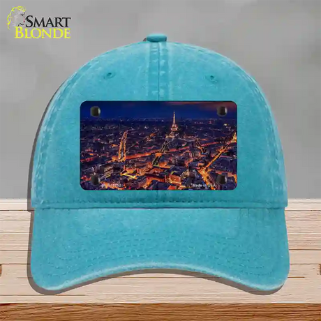 Paris At Night Eiffel Tower In Center Novelty License Plate Hat Unconstructed Cotton / Lake Blue