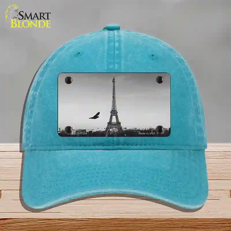 Eiffel Tower Black and White With Bird Novelty License Plate Hat Unconstructed Cotton / Lake Blue