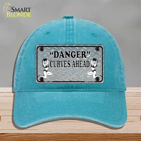 Danger Curves Ahead Novelty License Plate Hat Unconstructed Cotton / Lake Blue