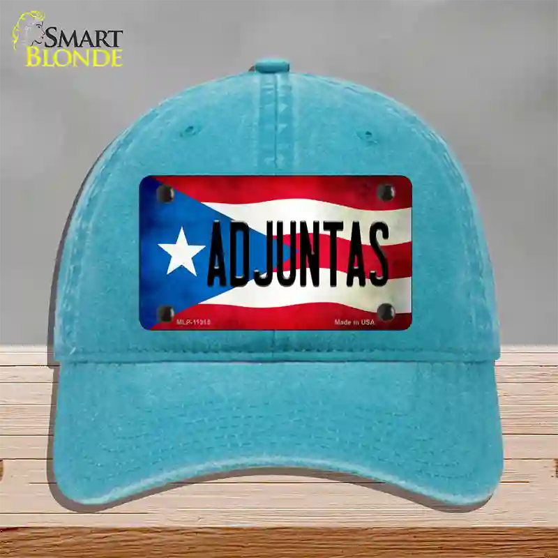 Adjuntas Puerto Rico Flag Novelty License Plate Hat Unconstructed Cotton / Lake Blue