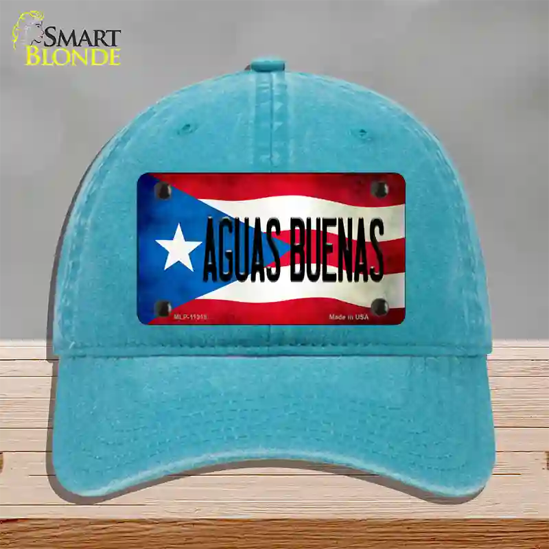 Aguas Buenas Puerto Rico Flag Novelty License Plate Hat Unconstructed Cotton / Lake Blue