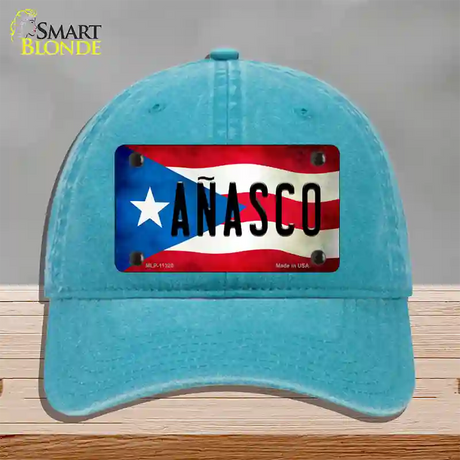 Anasco Puerto Rico Flag Novelty License Plate Hat Unconstructed Cotton / Lake Blue