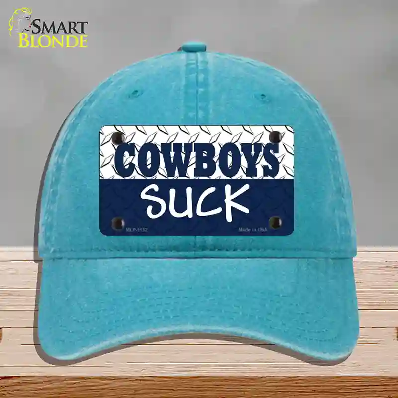 Cowboys Suck Novelty License Plate Hat Unconstructed Cotton / Lake Blue