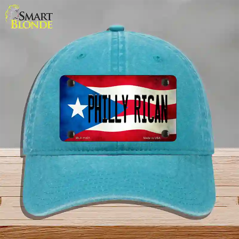 Philly Rican Puerto Rico Flag Novelty License Plate Hat Unconstructed Cotton / Lake Blue