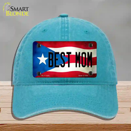 Best Mom Puerto Rico Flag Novelty License Plate Hat Unconstructed Cotton / Lake Blue