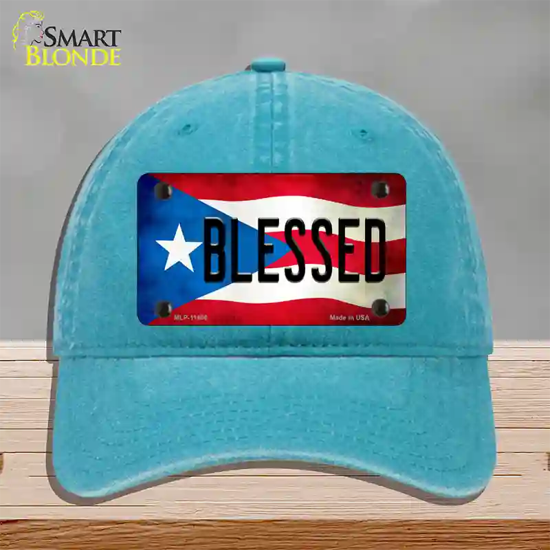 Blessed Puerto Rico Flag Novelty License Plate Hat Unconstructed Cotton / Lake Blue