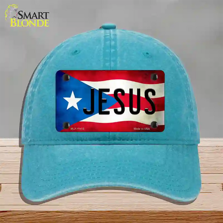 Jesus Puerto Rico Flag Novelty License Plate Hat Unconstructed Cotton / Lake Blue