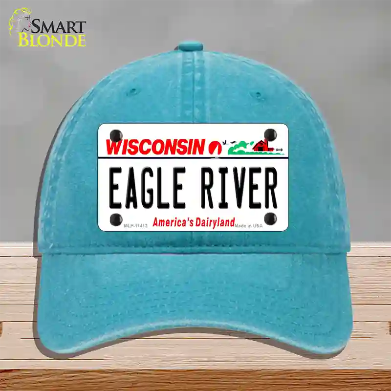 Eagle River Wisconsin Novelty License Plate Hat Unconstructed Cotton / Lake Blue