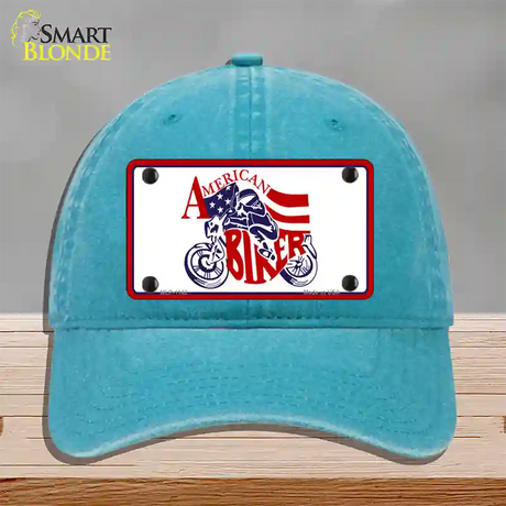 American Patriotic Biker Novelty License Plate Hat Unconstructed Cotton / Lake Blue