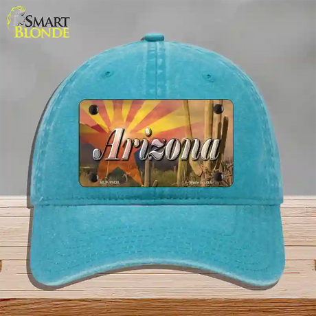 Arizona State Flag Overlay On Cactus Novelty License Plate Hat Unconstructed Cotton / Lake Blue