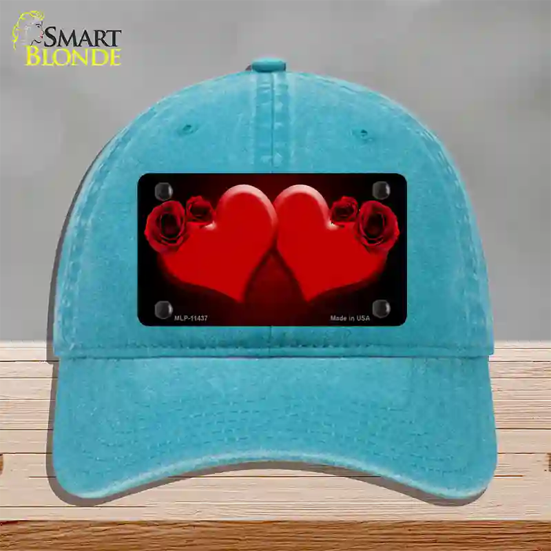 Hearts Over Roses In Red Novelty License Plate Hat Unconstructed Cotton / Lake Blue