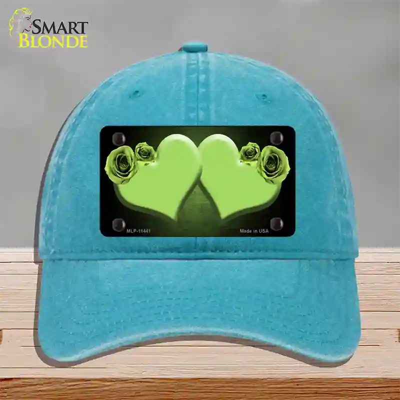 Hearts Over Roses In Lime Green Novelty License Plate Hat Unconstructed Cotton / Lake Blue