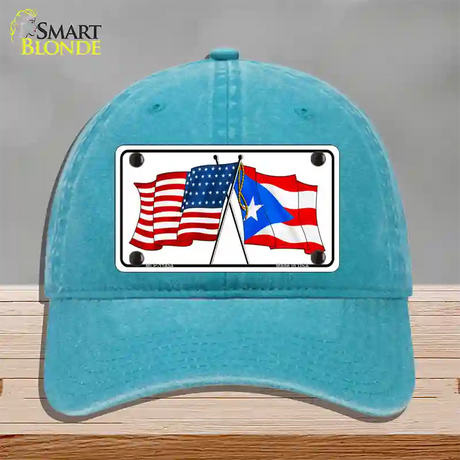 Puerto Rico Crossed US Flag Novelty License Plate Hat Unconstructed Cotton / Lake Blue