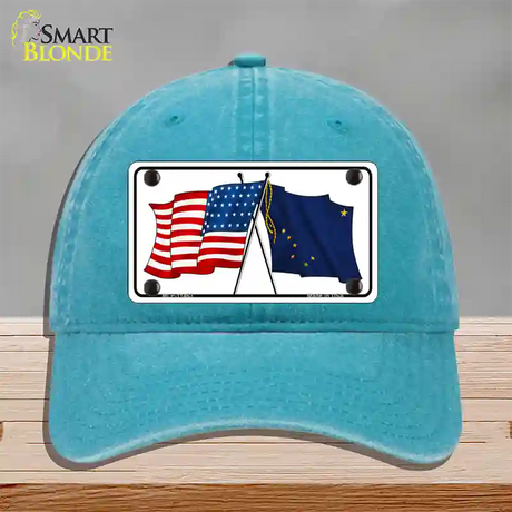 Alaska Crossed US Flag Novelty License Plate Hat Unconstructed Cotton / Lake Blue