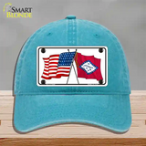 Arkansas Crossed US Flag Novelty License Plate Hat Unconstructed Cotton / Lake Blue