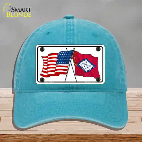 Arkansas Crossed US Flag Novelty License Plate Hat Unconstructed Cotton / Lake Blue