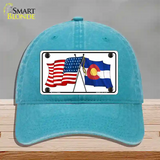 Colorado Crossed US Flag Novelty License Plate Hat Unconstructed Cotton / Lake Blue