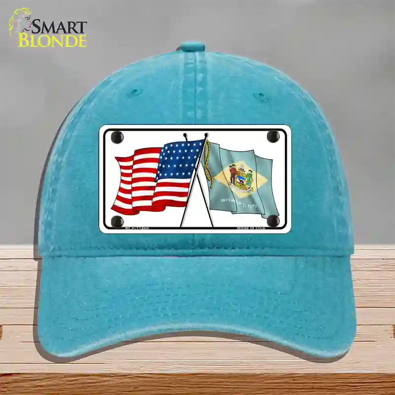 Delaware Crossed US Flag Novelty License Plate Hat Unconstructed Cotton / Lake Blue