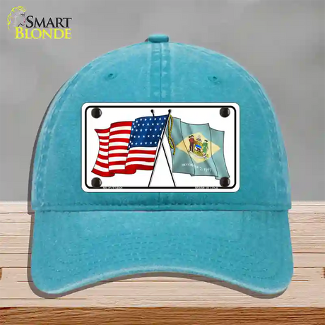 Delaware Crossed US Flag Novelty License Plate Hat Unconstructed Cotton / Lake Blue