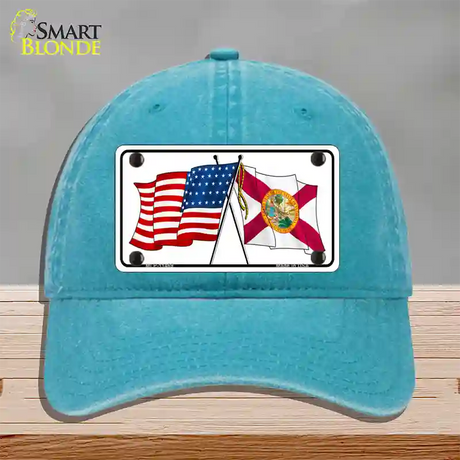 Florida Crossed US Flag Novelty License Plate Hat Unconstructed Cotton / Lake Blue