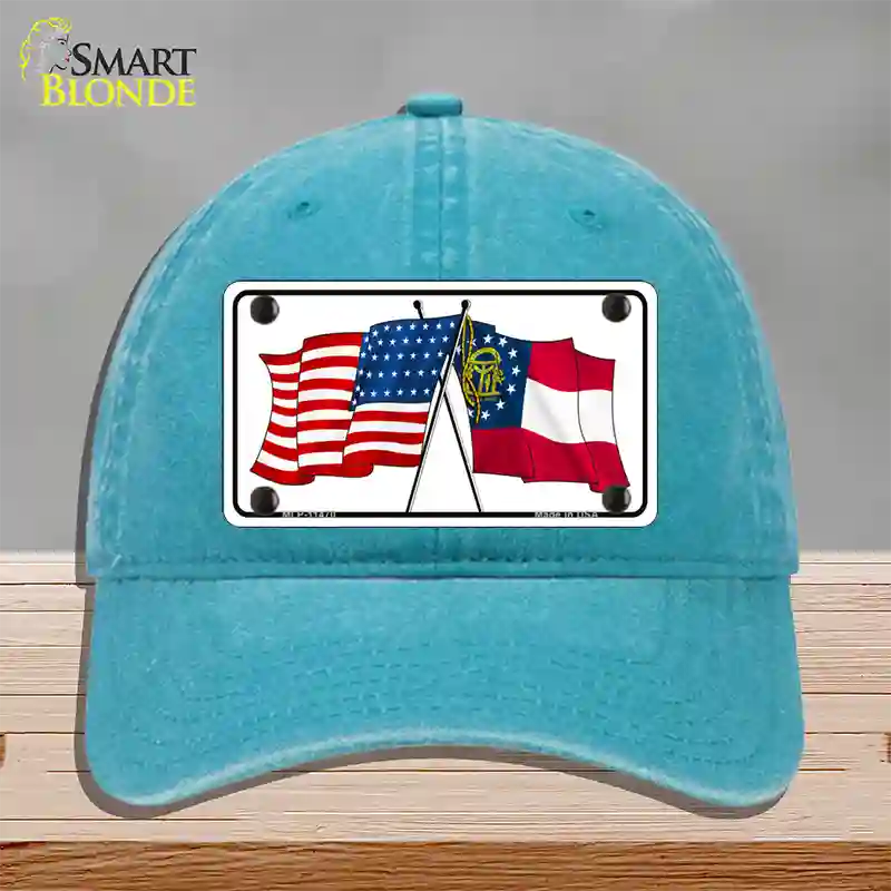 Georgia Crossed US Flag Novelty License Plate Hat Unconstructed Cotton / Lake Blue