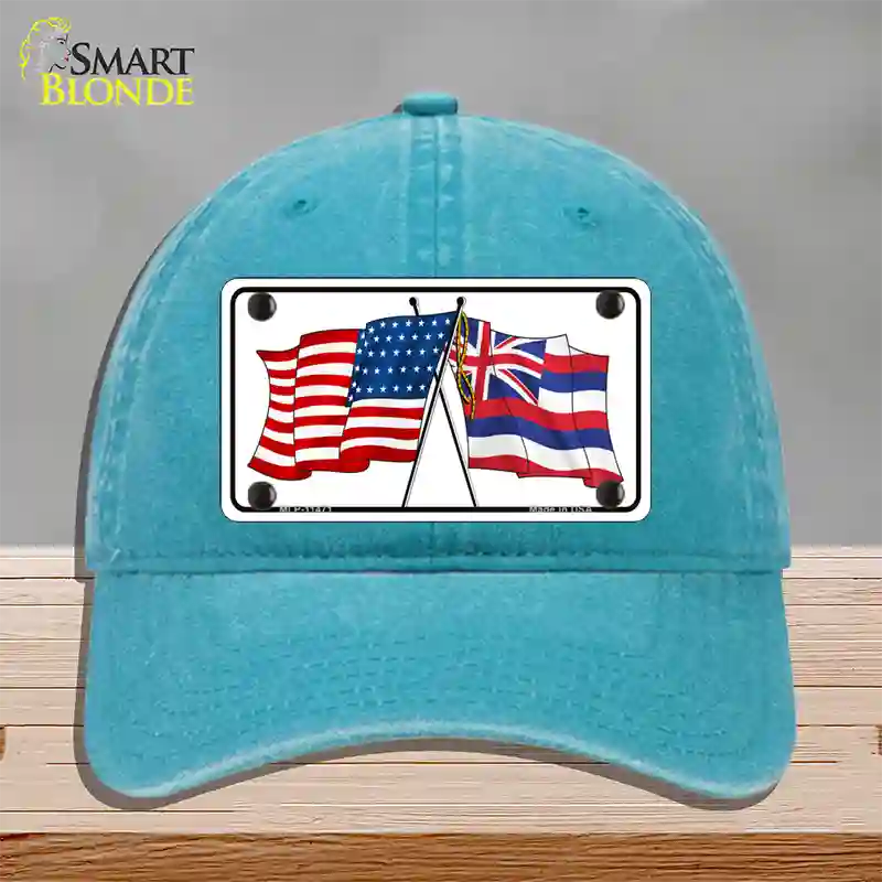 Hawaii Crossed US Flag Novelty License Plate Hat Unconstructed Cotton / Lake Blue