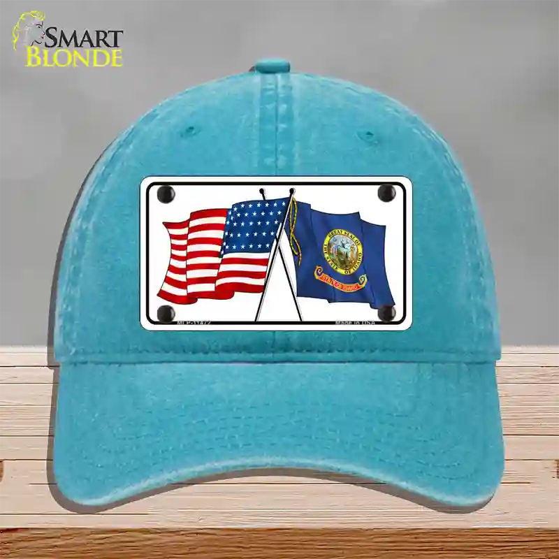 Idaho Crossed US Flag Novelty License Plate Hat Unconstructed Cotton / Lake Blue