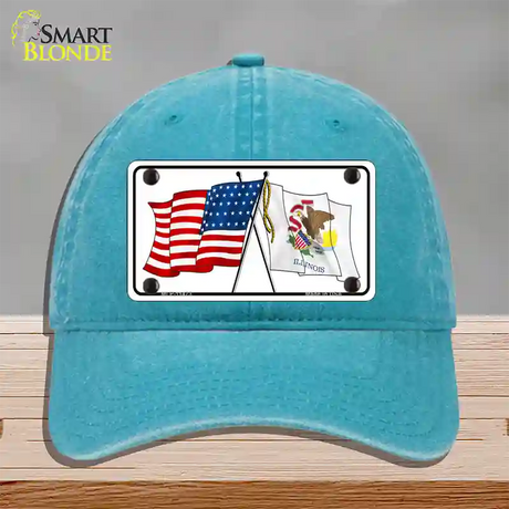 Illinois Crossed US Flag Novelty License Plate Hat Unconstructed Cotton / Lake Blue