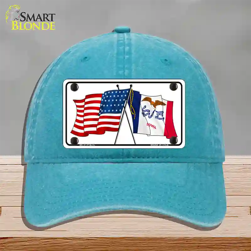 Iowa Crossed US Flag Novelty License Plate Hat Unconstructed Cotton / Lake Blue