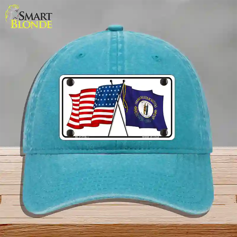 Kentucky Crossed US Flag Novelty License Plate Hat Unconstructed Cotton / Lake Blue