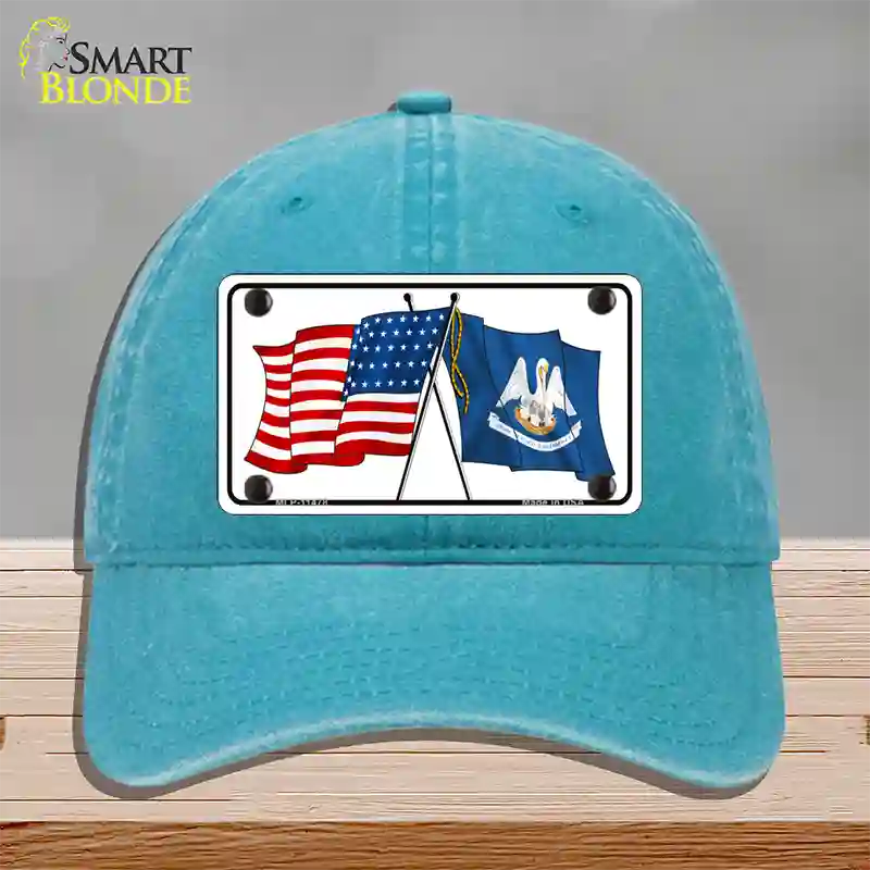 Louisiana Crossed US Flag Novelty License Plate Hat Unconstructed Cotton / Lake Blue