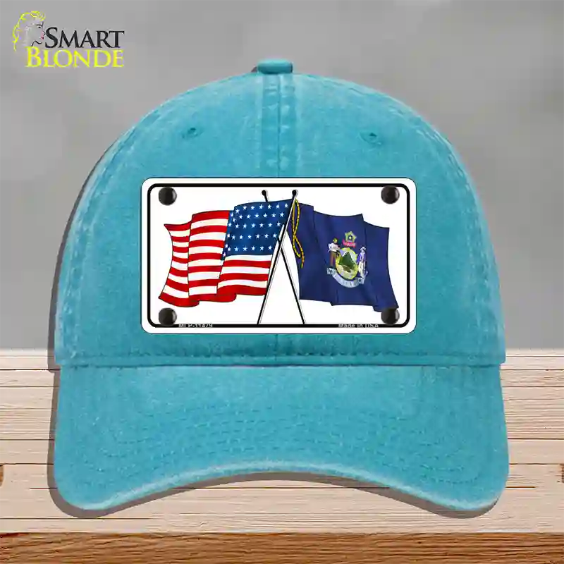 Maine Crossed US Flag Novelty License Plate Hat Unconstructed Cotton / Lake Blue