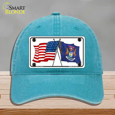 Michigan Crossed US Flag Novelty License Plate Hat Unconstructed Cotton / Lake Blue