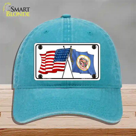 Minnesota Crossed US Flag Novelty License Plate Hat Unconstructed Cotton / Lake Blue