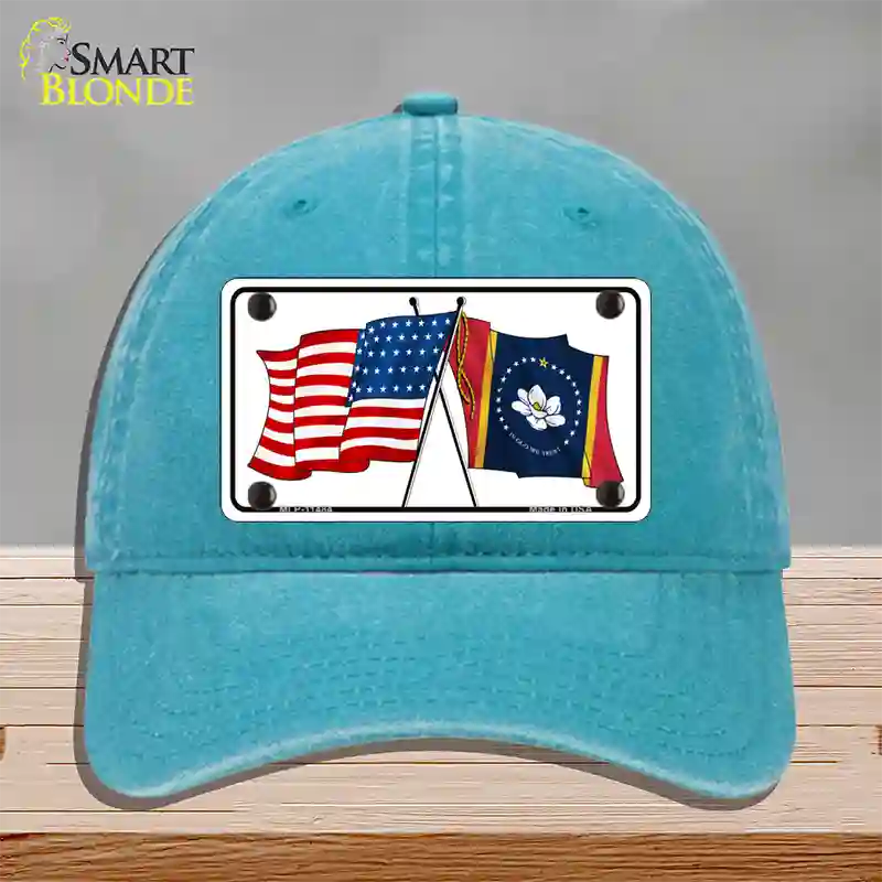 Mississippi Crossed US Flag Novelty License Plate Hat Unconstructed Cotton / Lake Blue