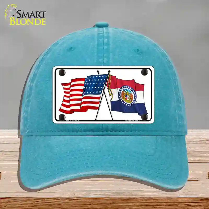 Missouri Crossed US Flag Novelty License Plate Hat Unconstructed Cotton / Lake Blue