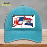 Missouri Crossed US Flag Novelty License Plate Hat Unconstructed Cotton / Lake Blue