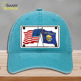 Montana Crossed US Flag Novelty License Plate Hat Unconstructed Cotton / Lake Blue