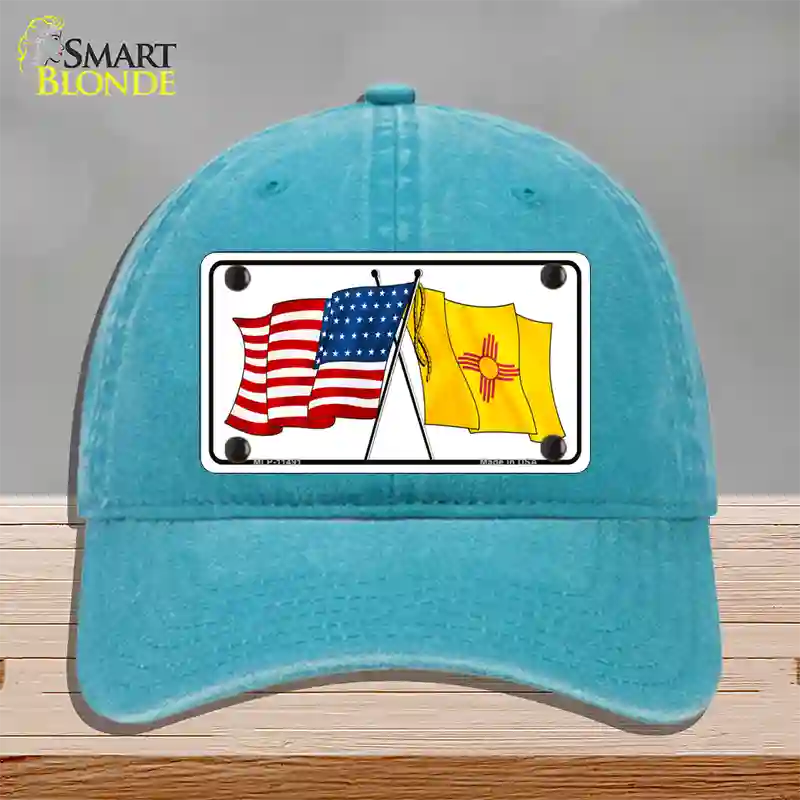 New Mexico Crossed US Flag Novelty License Plate Hat Unconstructed Cotton / Lake Blue