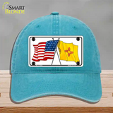 New Mexico Crossed US Flag Novelty License Plate Hat Unconstructed Cotton / Lake Blue