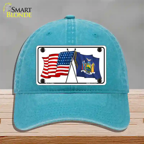 New York Crossed US Flag Novelty License Plate Hat Unconstructed Cotton / Lake Blue