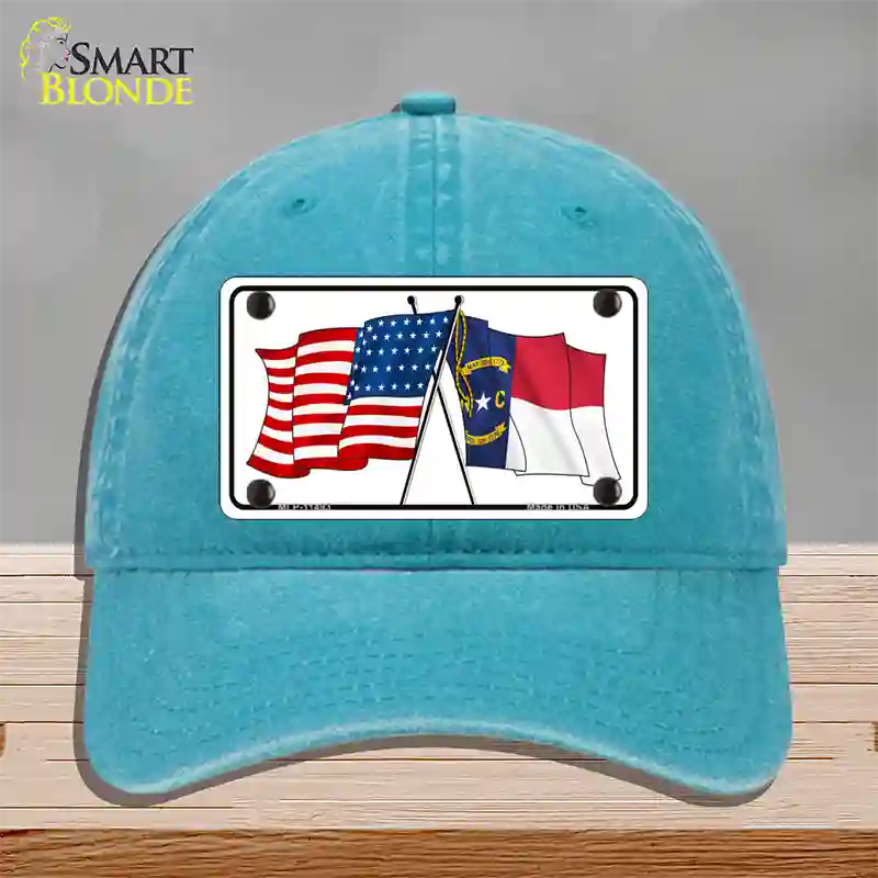 North Carolina Crossed US Flag Novelty License Plate Hat Unconstructed Cotton / Lake Blue