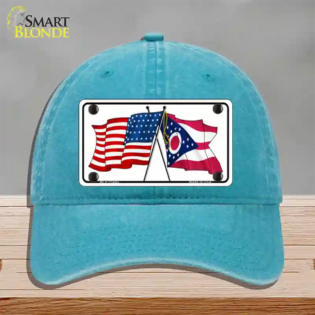 Ohio Crossed US Flag Novelty License Plate Hat Unconstructed Cotton / Lake Blue