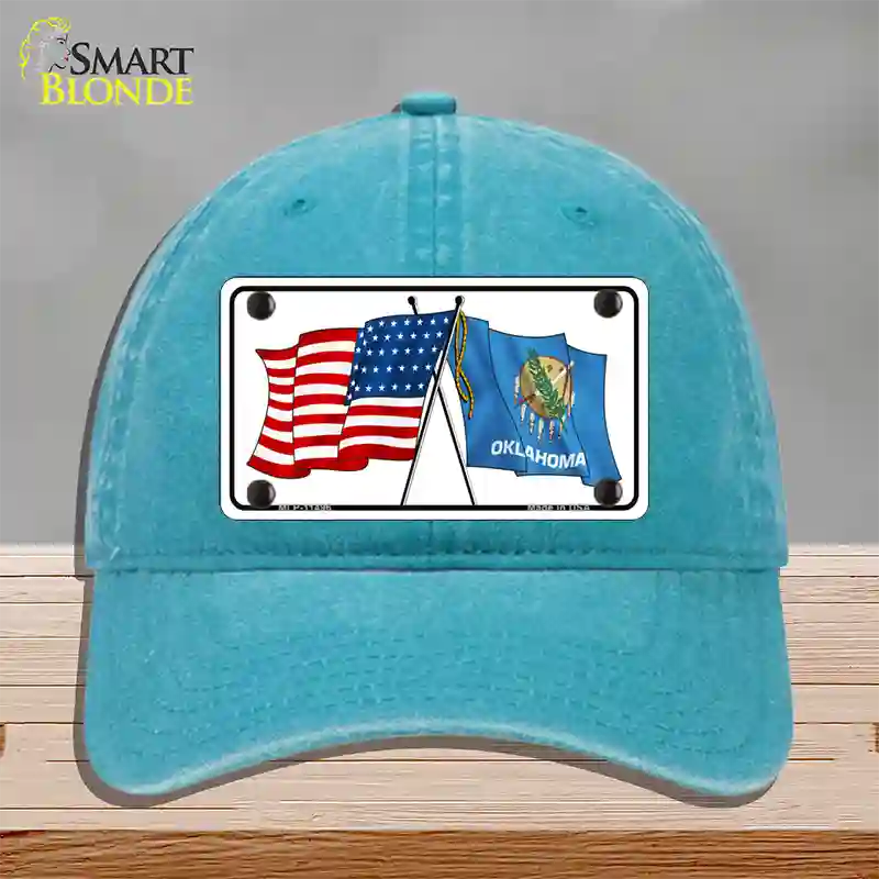 Oklahoma Crossed US Flag Novelty License Plate Hat Unconstructed Cotton / Lake Blue