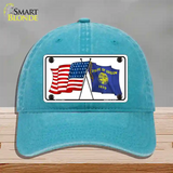 Oregon Crossed US Flag Novelty License Plate Hat Unconstructed Cotton / Lake Blue