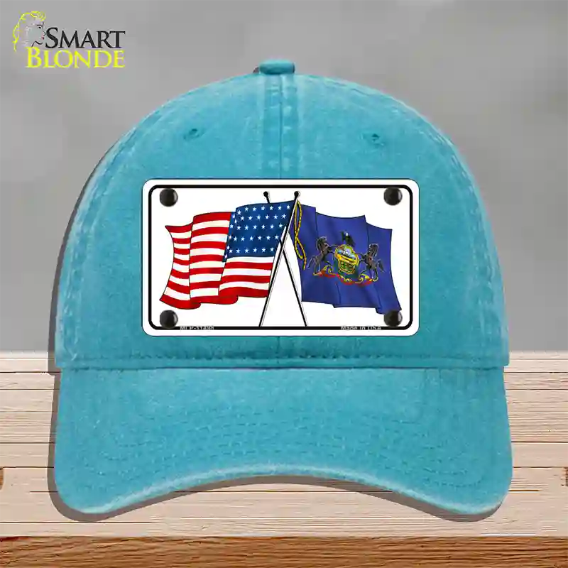 Pennsylvania Crossed US Flag Novelty License Plate Hat Unconstructed Cotton / Lake Blue